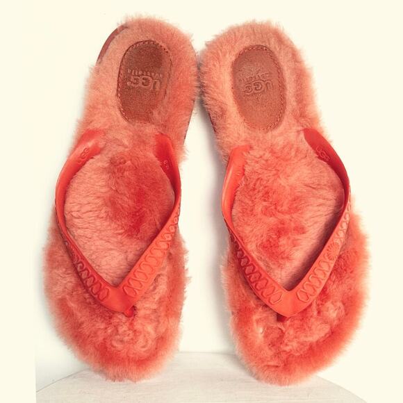 UGG Australia Fluffie Orange Fur Flip Flops Womens Sz 6W Thong Summer Vacation - Picture 2 of 6